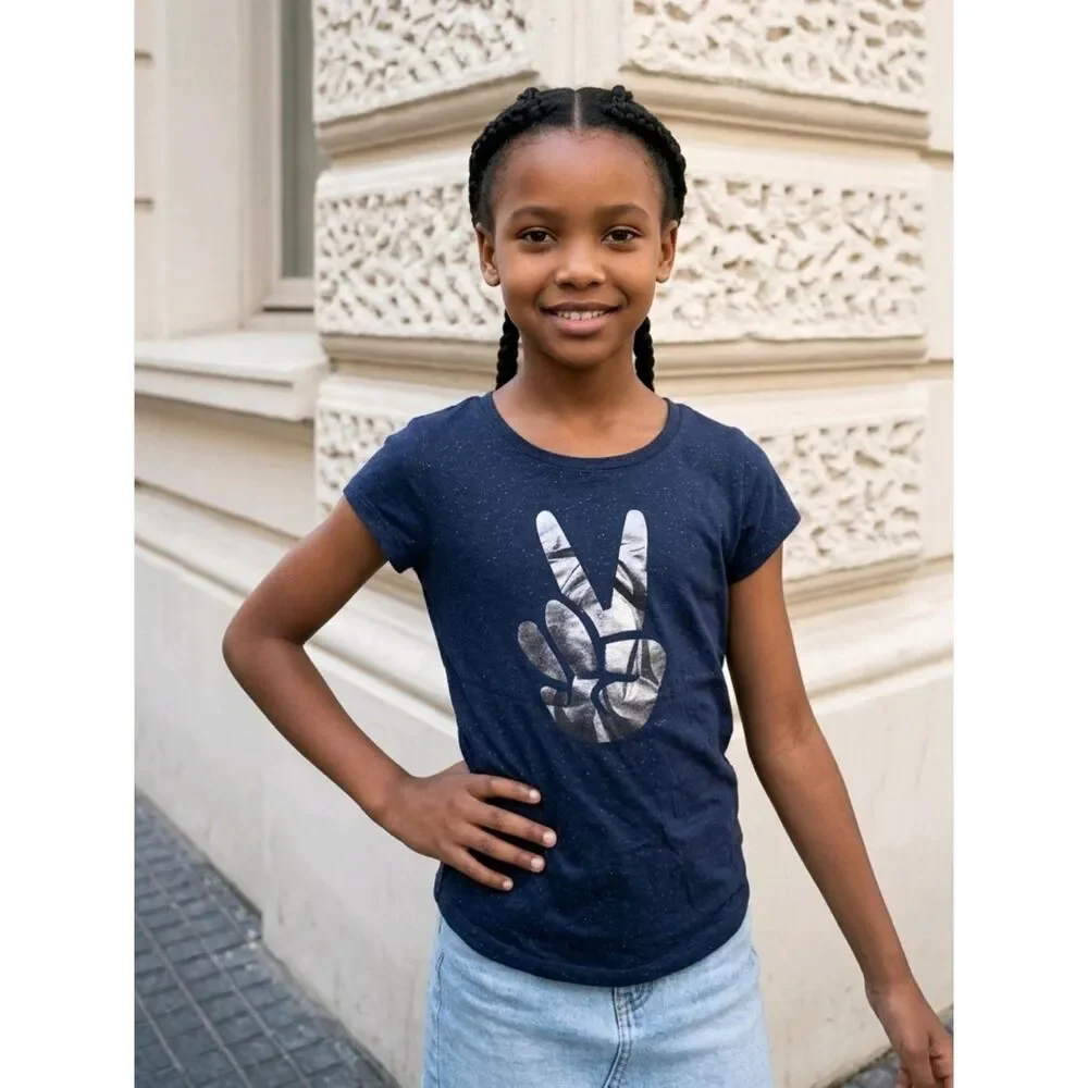 Justice Girls Navy Blue Glitter Tee Peace Sign Short Sleeve Fitted Knit T-Shirt